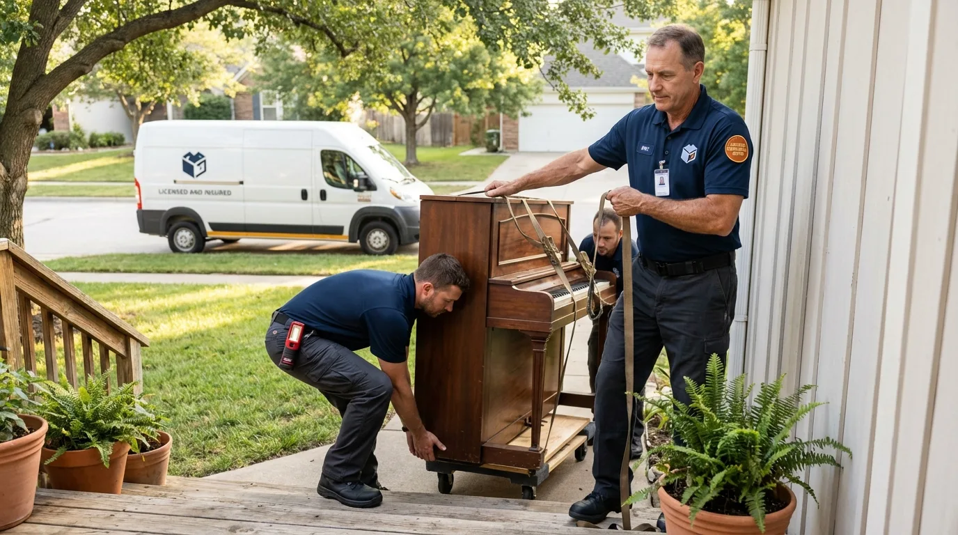 Licensed piano movers securing grand piano in New Boston, NH