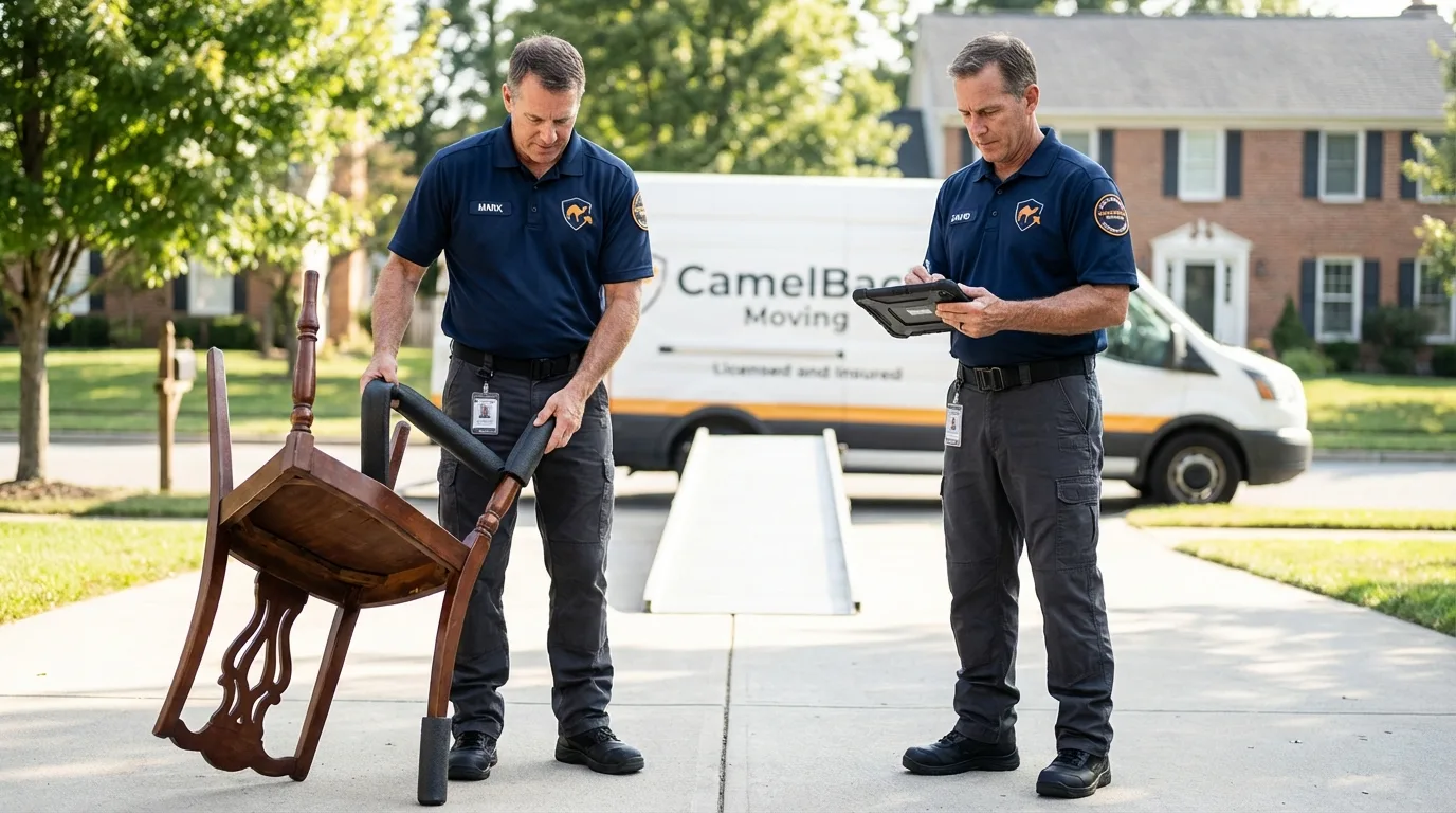 Movers inspecting furniture for damage prevention before loading in New Boston, NH