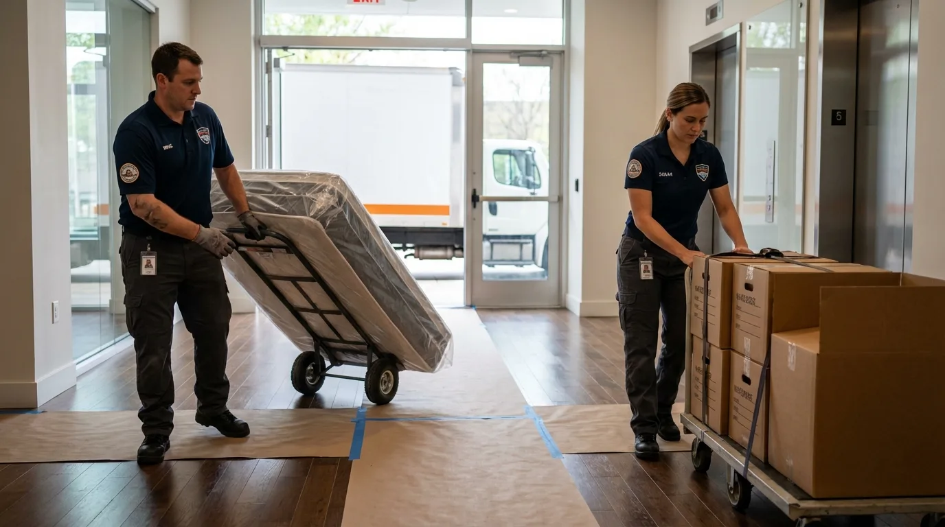 Professional apartment movers loading elevator in New Boston, NH