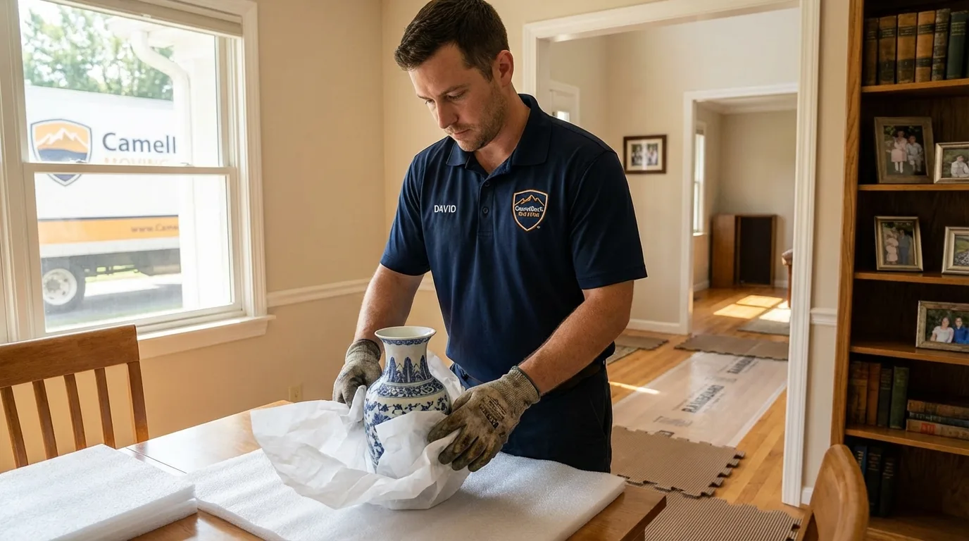 Professional crew carefully wrapping antique vase for senior downsizing move in New Boston, NH
