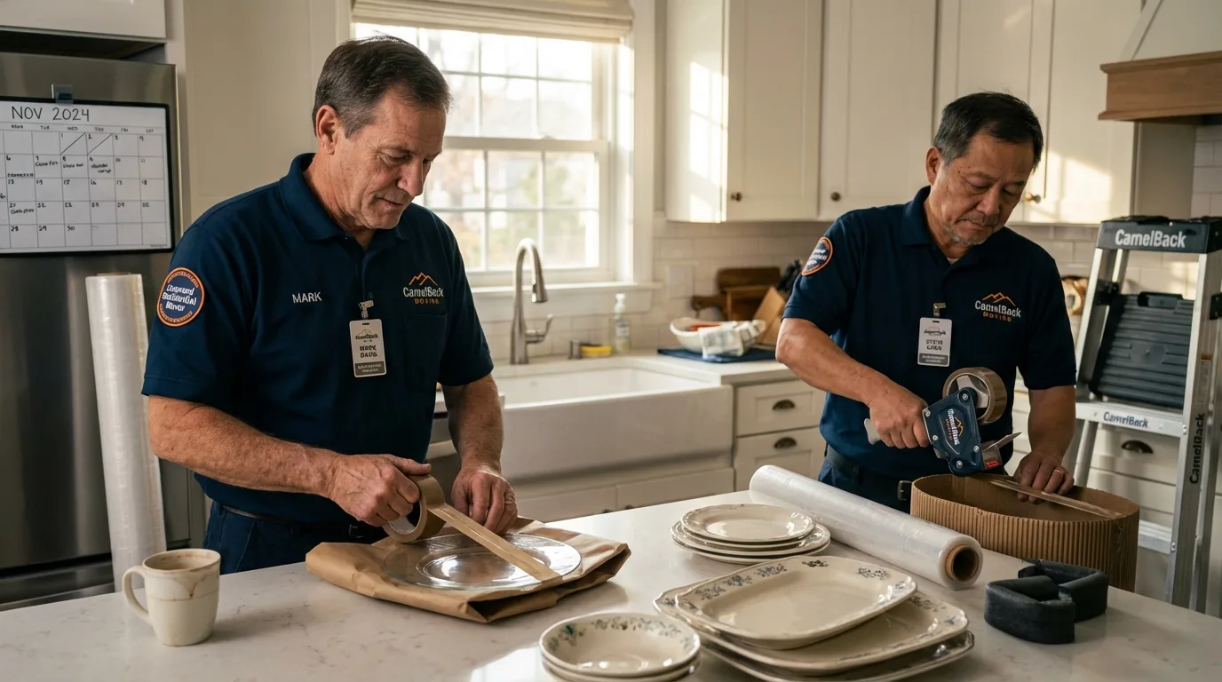 Professional crew packing kitchen dishware in New Boston, NH